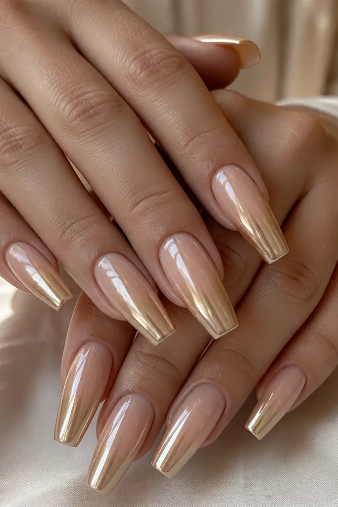 A full set of coffin nails with a nude base fading into a warm champagne at the tips. The chrome is mirror-smooth and warm, reflecting gold highlights, with a glassy topcoat and crisp cuticle lines.