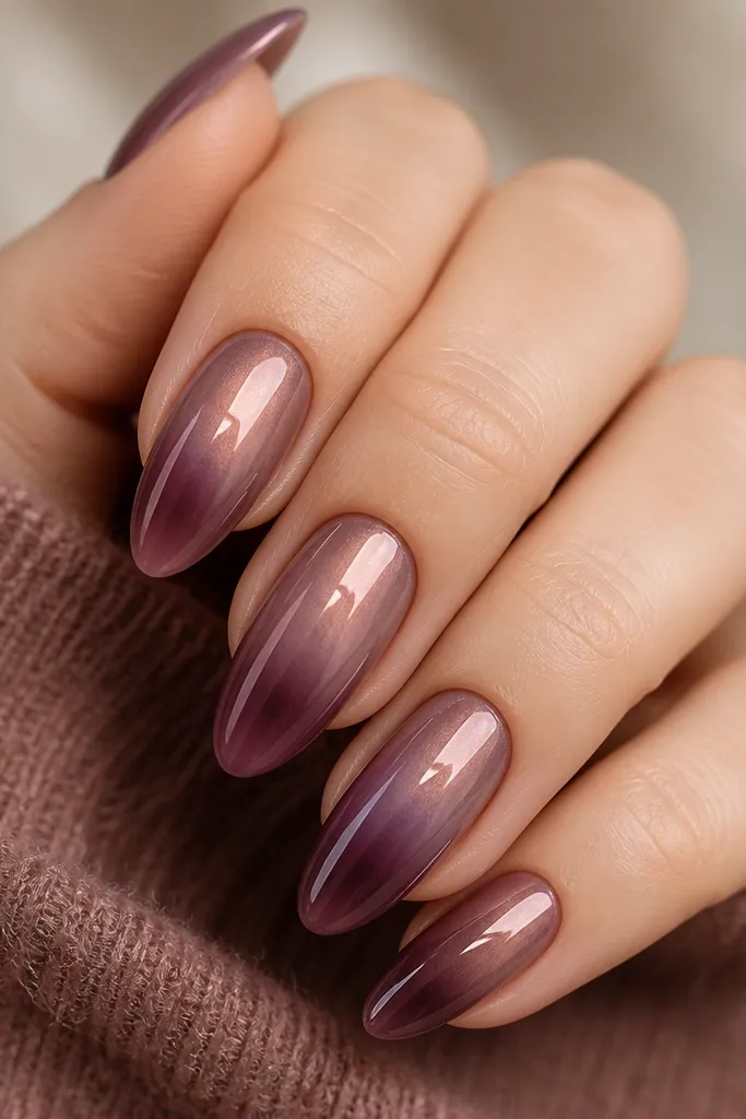 Short square nails with a mauve base that fades into a smoky plum at the tips. The chrome finish looks like a soft gray haze with faint mirror flashes, and the gradient is smooth with no harsh stripe.