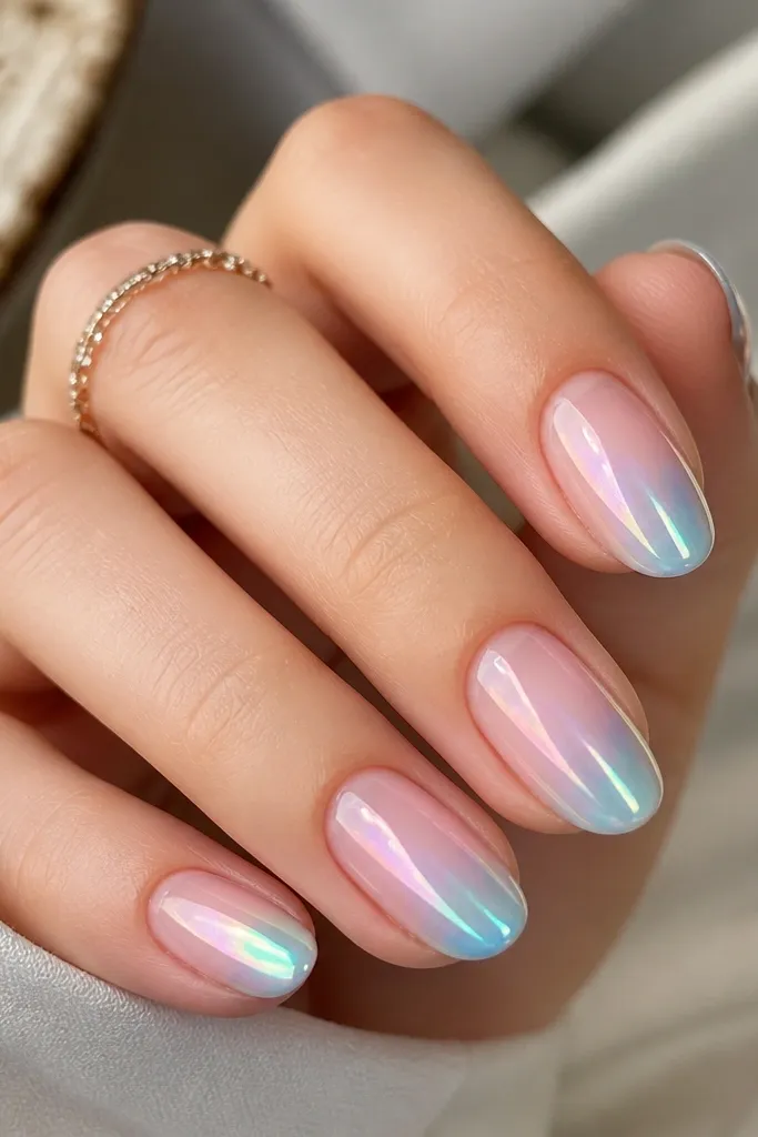 Medium oval nails with an icy pink fade starting near the cuticle and turning into bright, prismatic holographic chrome at the tips. The chrome shifts from pink to teal under light, with a clean gradient and glossy finish.