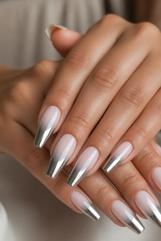 Coffin nails with a sheer white base fading into a full silver mirror at the tips. The mirror reflects light sharply, with a smooth fade and sharp cuticle edges, no grain.