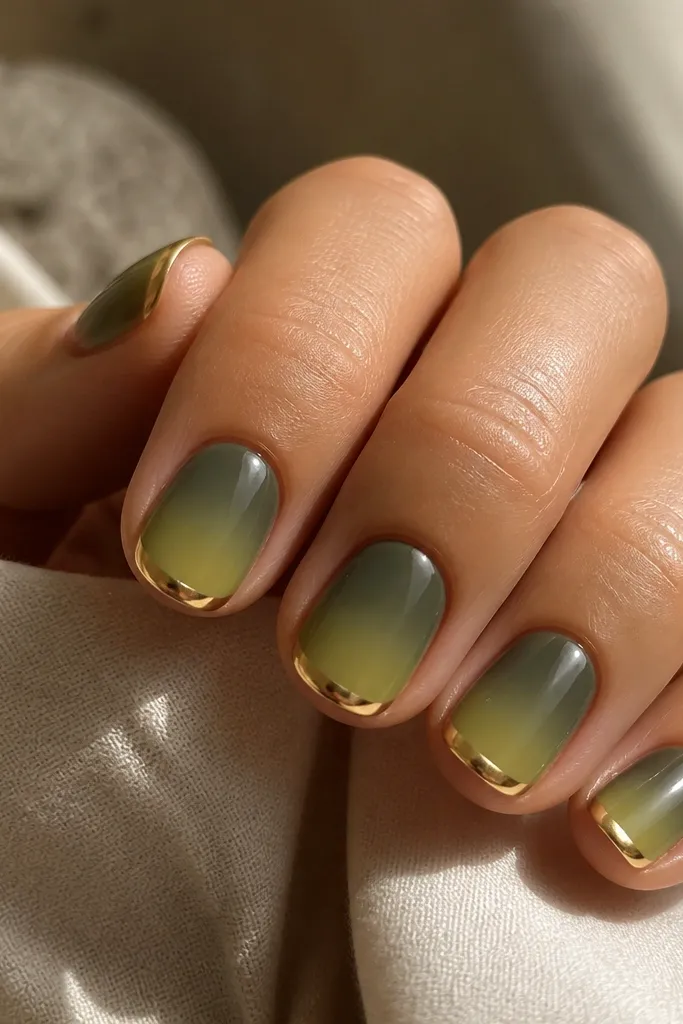 Short rounded nails with an olive green fade that becomes brighter near the tips. The chrome is gold and concentrated on the very edge, creating a thin reflective border line with a smooth transition.