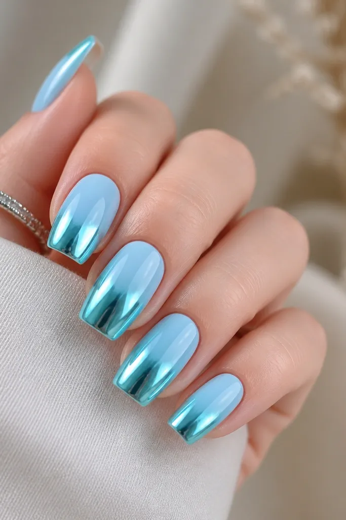 Medium square nails with a sky blue ombre fading into aqua mirror chrome at the tips. The mirror is bright and reflective, with a clean gradient and a glossy, glass-like finish.