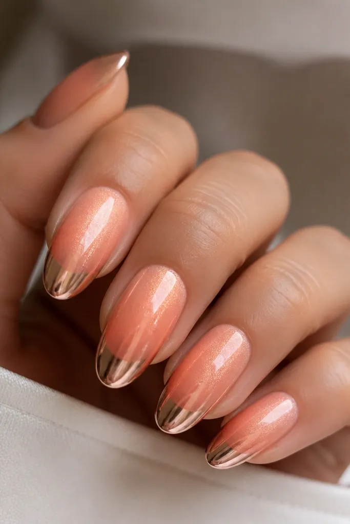 Oval nails with a peach ombre fading into rose gold chrome tips. Under the light, you see tiny warm shimmer particles in the peach portion, and the chrome tips are reflective and smooth.