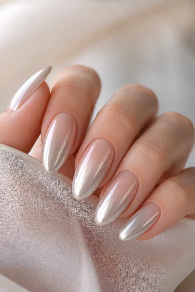 Almond nails with a creamy nude base fading into pearl silver chrome at the tips. The chrome is reflective but soft, with a milky shine that doesn't look like harsh mirror streaks.