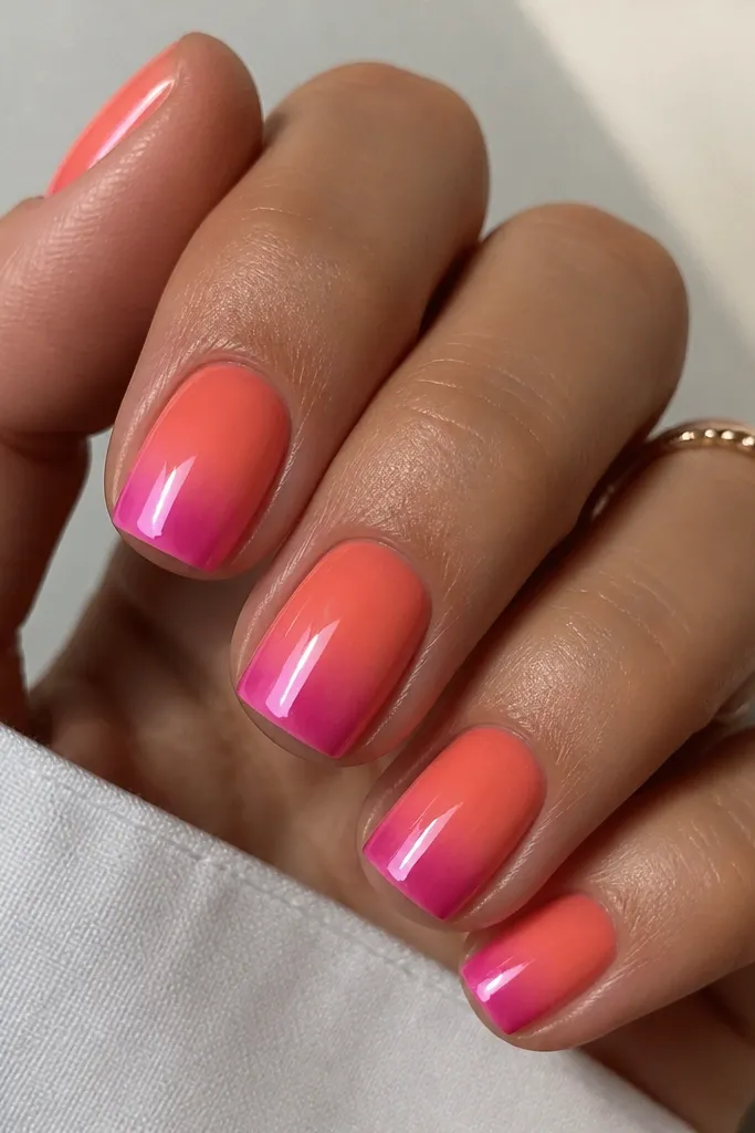 Short squoval nails with a coral ombre fading into bright pink chrome tips. The chrome is mirror-bright, and the topcoat looks like a thick jelly glaze with extra depth near the tips.