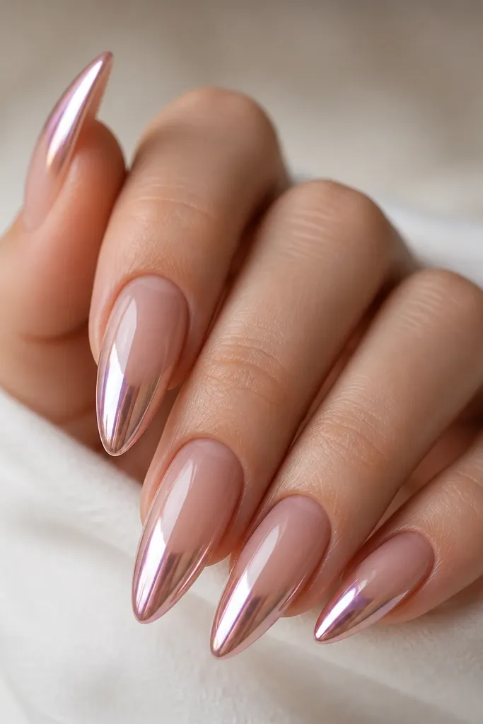 Long almond nails with a champagne nude ombre fading into rose hologram chrome tips. The chrome reflects pink and soft purple shifts, with a clean fade and mirror-like gloss.