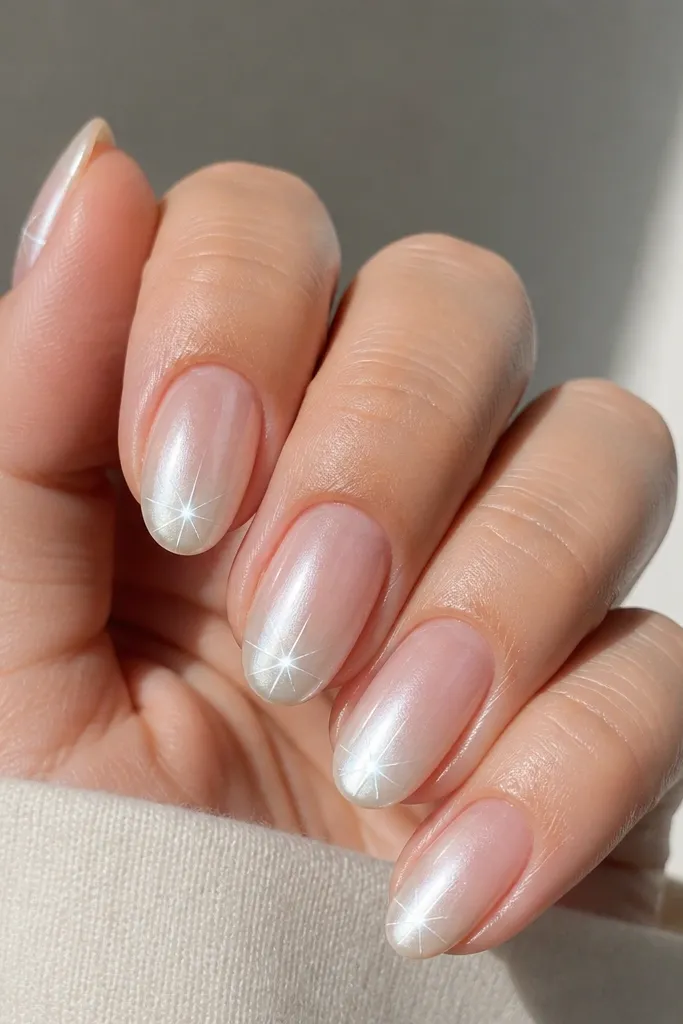 Short almond nails with a pale nude-to-icy white ombre. The chrome is pearl-silver mirror, and the tips have tiny starburst flare lines that brighten when the hand tilts.