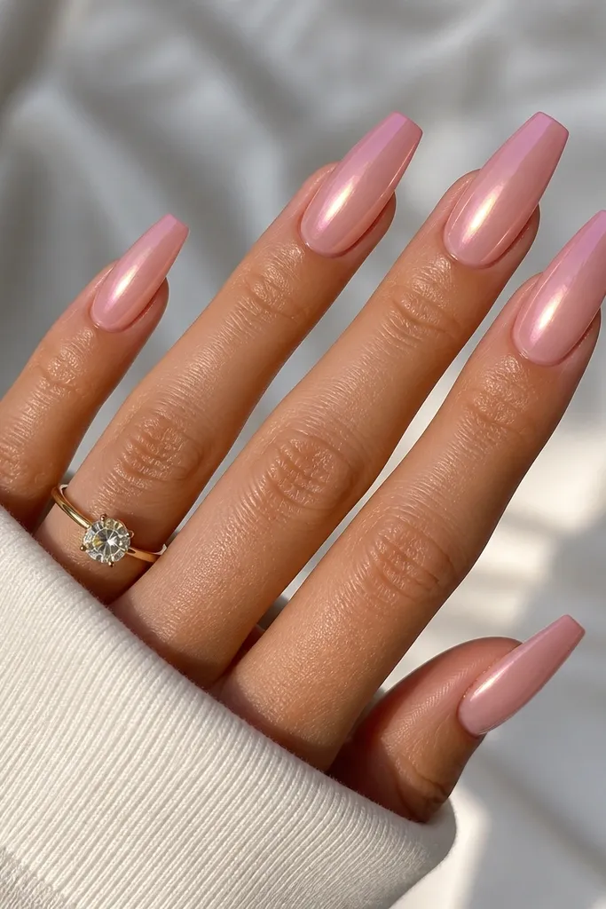Medium coffin nails fading from blush nude to soft rose pink. The chrome is a pink halo reflection in the middle, with a gentle glow halo ring near the cuticle that looks brighter under light.