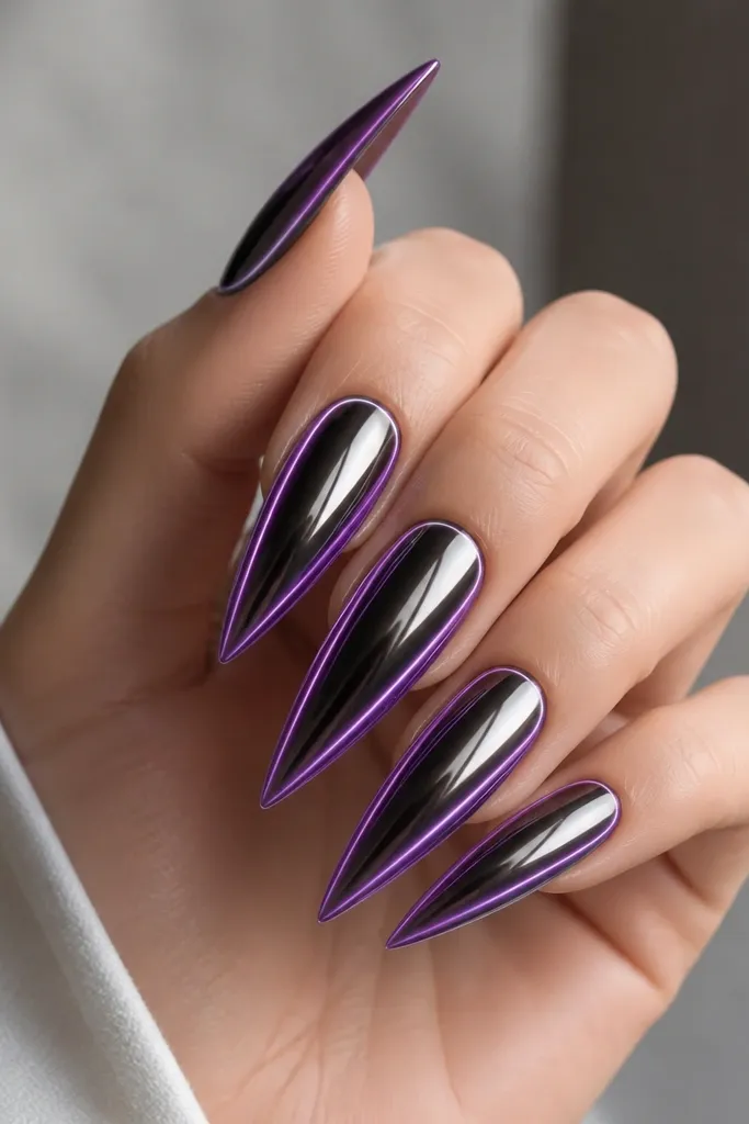 Long stiletto nails fading from near-black at the base to plum at the tip. Purple light gel creates a glowing outline along both sidewalls, with mirror chrome filling the rest.