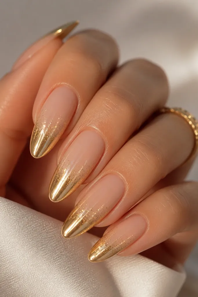 Almond nails fading from nude-beige to champagne gold at the tip. The chrome is gold mirror and there are tiny glitter light points scattered in a diagonal line near the tip.