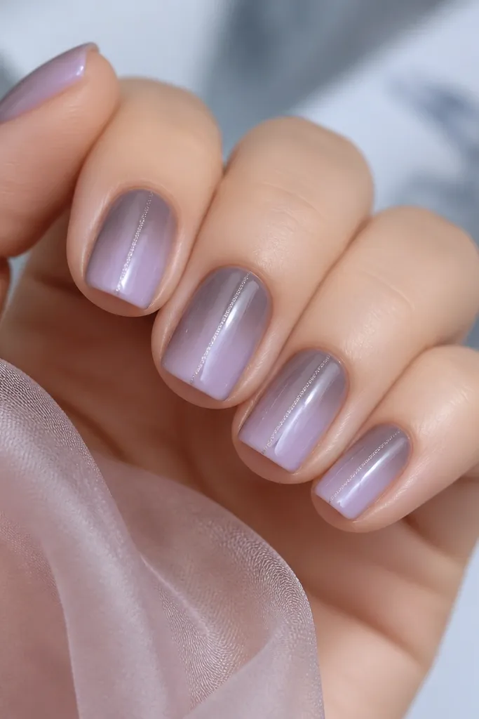 Short square nails fading from smoky grey-lavender at the base to soft lavender at the tip. A thin silver glow thread runs down the center, brightening at the tip.
