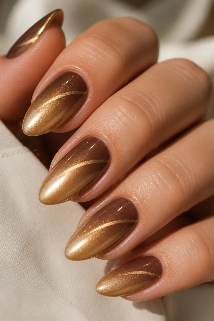 Medium almond nails fading from cocoa brown at the base to caramel nude at the tip. Warm gold chrome covers the nail and a ribbon of gold glow runs diagonally near the cuticle.