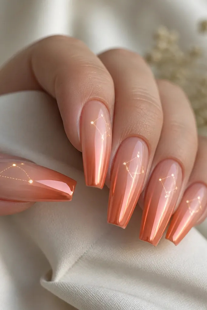 Medium coffin nails fading from sheer coral nude to coral-orange at the tip. Peach chrome is mirror, and tiny glowing dots form a constellation near the upper third.