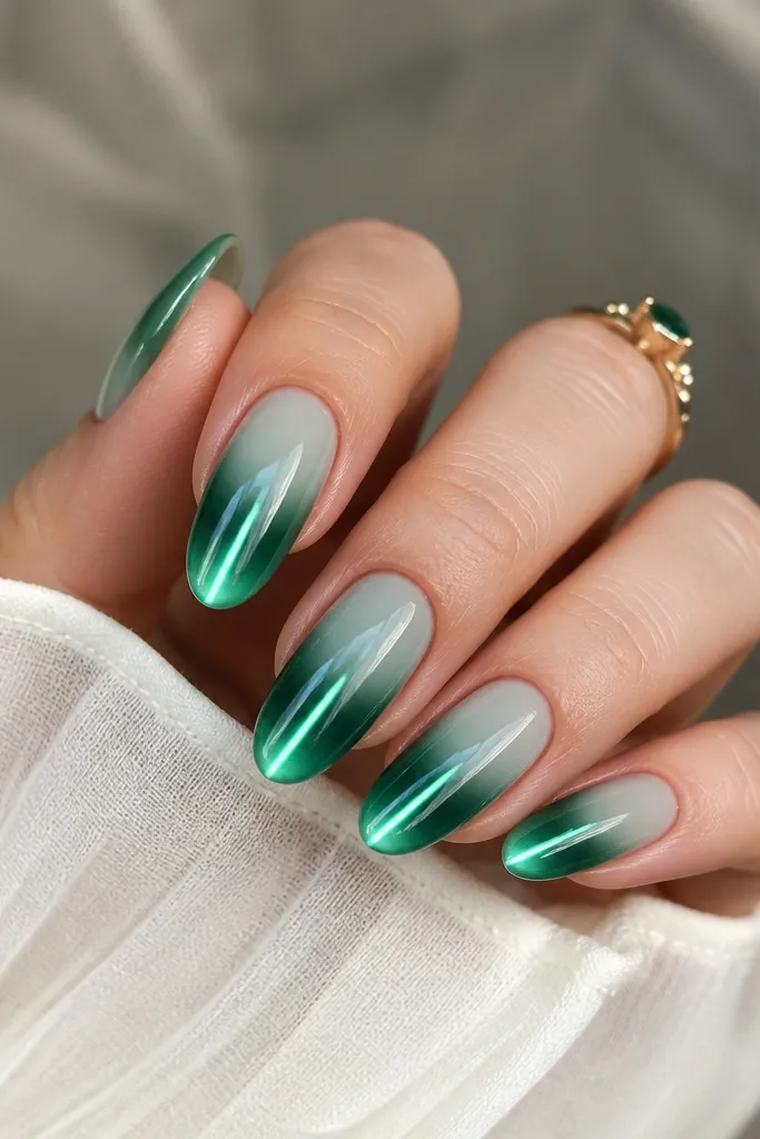 Medium oval nails fading from sheer teal at the base to deeper teal at the tip. Emerald chrome is mirror, and a neon light spine line runs down the center, bright at the tip.