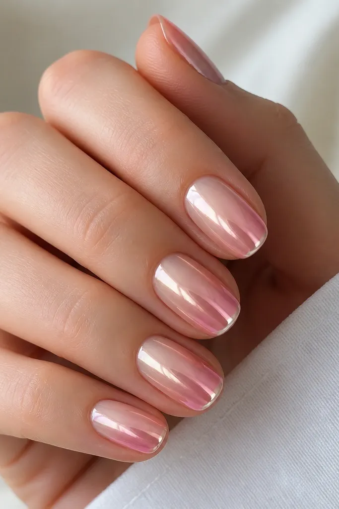 Short oval nails fading from nude at the base to a soft pink tip. Rose gold chrome covers the nail, and a thin white light edge line sits right at the free edge.