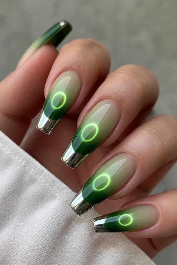 Medium coffin nails fading from sheer green at the base to deep forest green at the tip. Silver chrome is mirror, and a lime glow halo ring sits around the center of the nail.