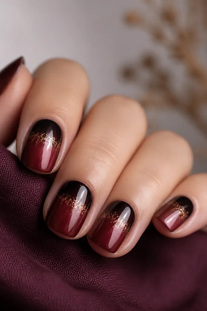 Short square nails fading from deep burgundy at the base to wine red at the tip. Copper chrome is mirror, and tiny flicker light strokes appear near the top third.
