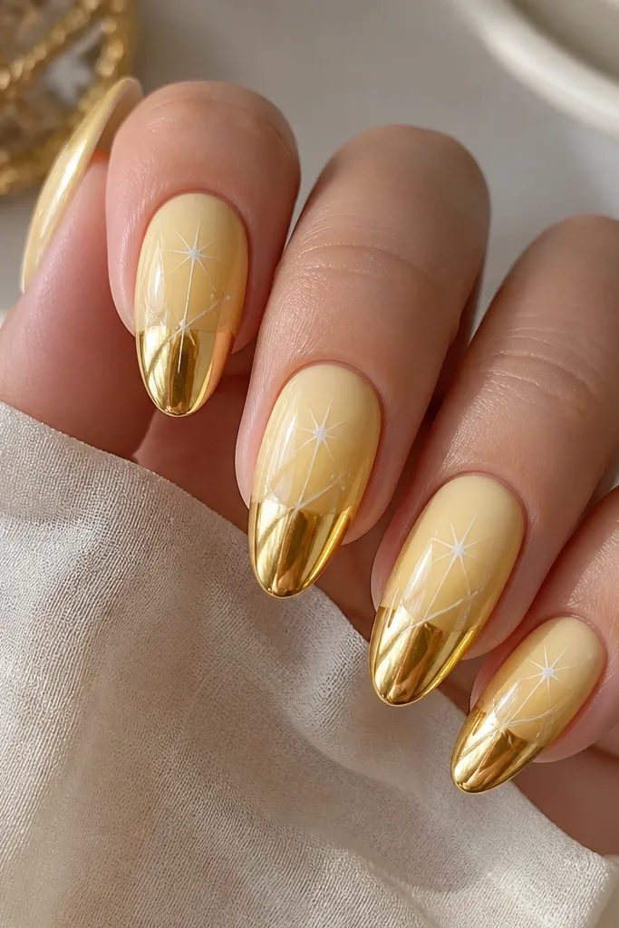 Medium almond nails fading from sheer butter yellow at the base to golden yellow at the tip. Gold chrome is mirror, and a thin white spark trail runs diagonally toward the tip.