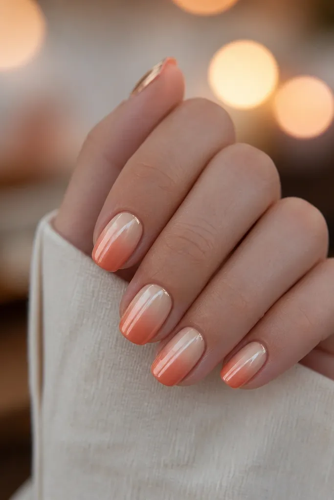 Short oval nails fading from creamy peach nude to warm peach at the tips. Rose gold chrome shines, and soft lantern-like glow circles sit in the upper third.