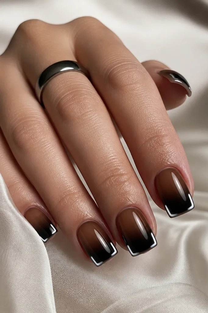 Medium square nails fading from chocolate brown to near-black at the tip. Black chrome is mirror, and neon white glow corners sit near both side edges and the free edge corners.