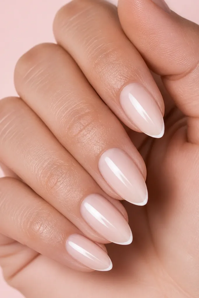 Five short stiletto nails on a light pink background. The nails have a sheer milky nude base and a very thin white French line right at the tip edge, with clean sidewalls and a glossy finish.