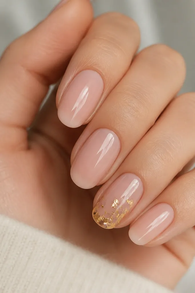 A hand showing four nails in sheer pink and one accent nail with irregular gold foil shards. The accent nail has foil concentrated near the tip and scattered upward, all under a high-gloss top coat.