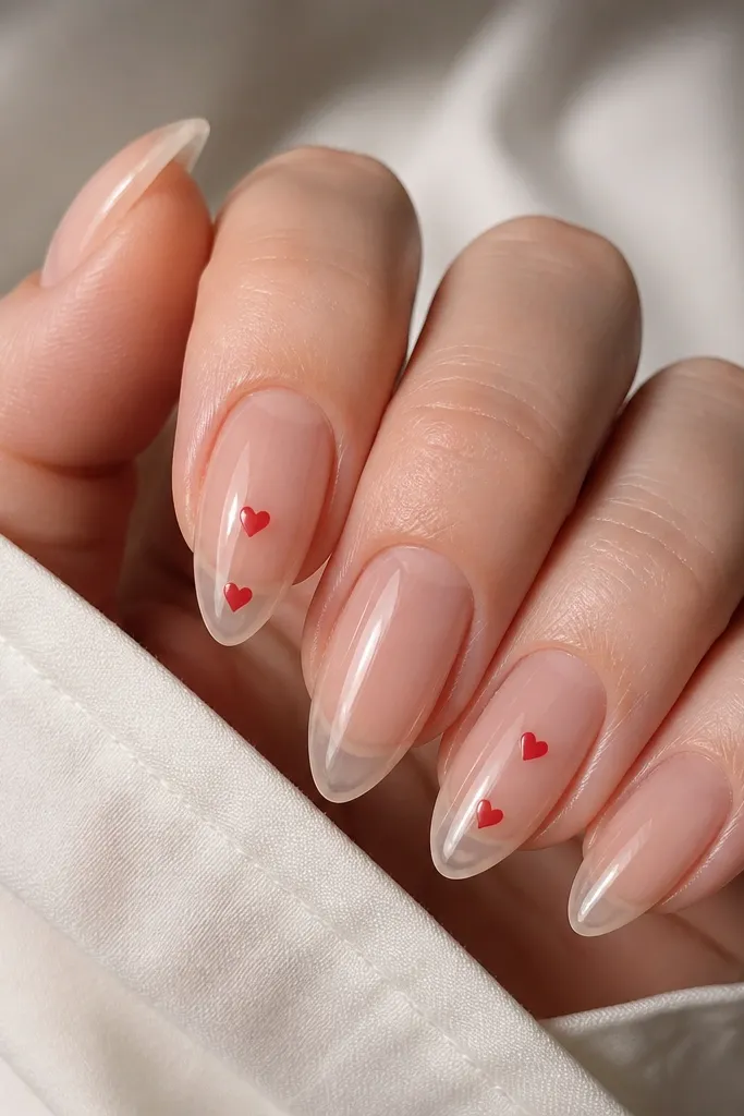 Short stiletto nails with a glossy clear jelly look. Two nails have tiny red heart dots near the center and tip, while the others stay plain with a glassy shine.