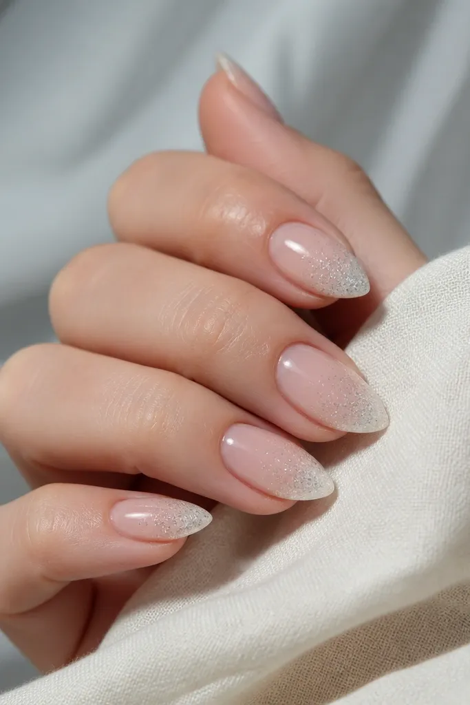 Short stiletto nails with a sheer nude base. The tips have an icy white glitter fade that gets denser at the very point, with a clean gradient and glossy top coat.