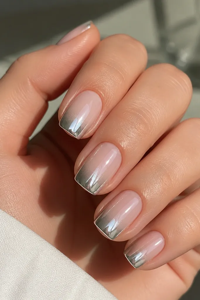 A set of short squoval nails showing a blush nude base that fades into a bright icy silver chrome at the tips. The ombre starts around mid-nail and becomes fully reflective at the free edge. The chrome looks like mirror metal with tiny light reflections.
