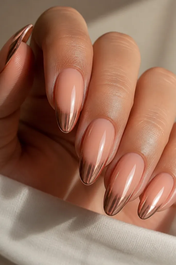 Medium almond nails with a peach nude ombre that deepens toward the tips. The top half is soft peach, and the free edge turns into warm rose gold chrome that reflects pink-gold highlights.
