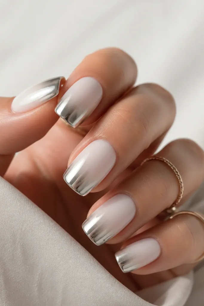 A set of squoval nails with a milky white base that fades into a mirror chrome band at the tips. The chrome starts around the upper third of the nail and forms a clean, French-like diagonal fade.