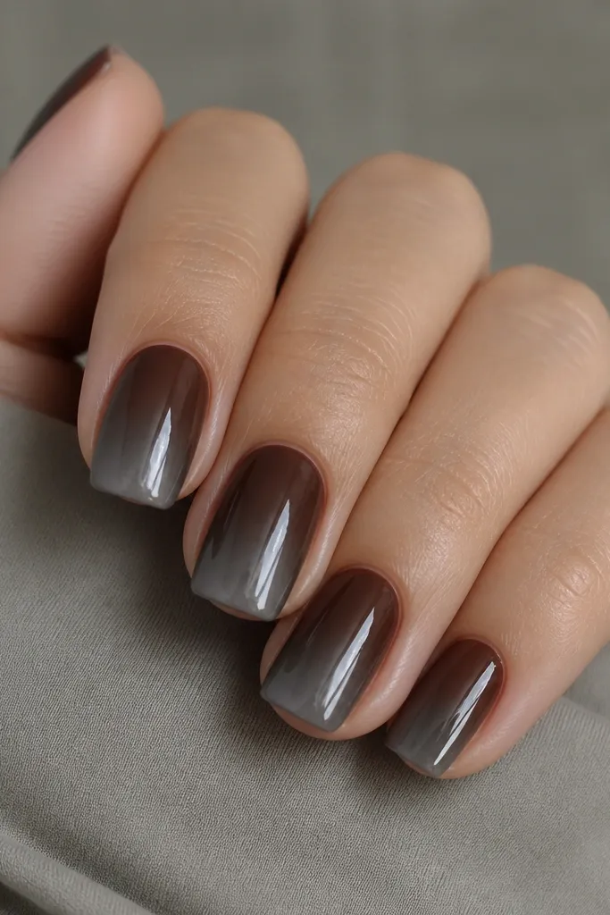 Short squoval nails with a deep mocha brown ombre that fades into smoky gray chrome at the tips. The gradient is smooth, and the chrome reflects soft silver-gray light.