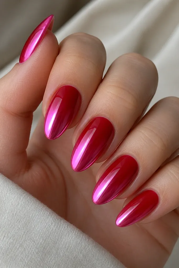 Medium almond nails with a cherry red ombre that fades into vibrant hot pink chrome at the tips. The chrome is highly reflective and shows pink highlights against the red gradient.
