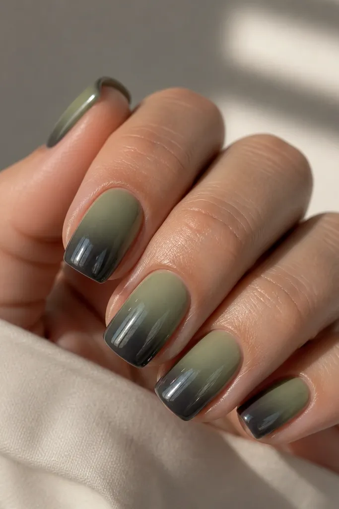 Short squoval nails with an olive sage ombre that transitions into dark graphite chrome at the tips. The chrome shows charcoal-gray mirror reflections and a clean fade line.
