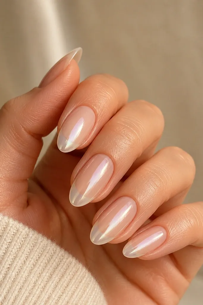Long squoval nails with a glossy clear jelly nude base that fades into pearl chrome at the tips. The pearl chrome reflects soft white-pink light like iridescent metal.