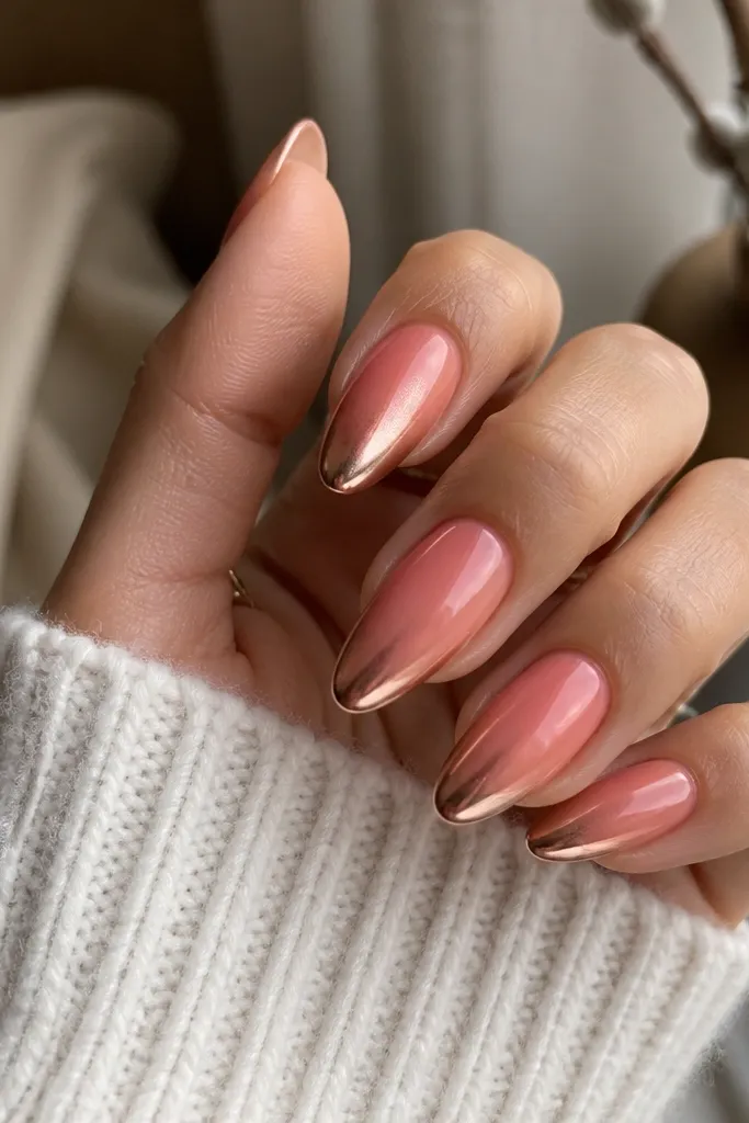 Almond nails with a coral blush ombre that transitions into rose gold chrome at the tips. The gradient is warm and smooth, and the chrome reflects pink-gold highlights.