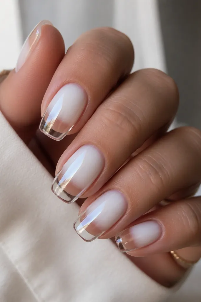 Medium squoval nails with a white area concentrated toward the cuticle that fades into a clear, glassy chrome effect near the tips. The chrome looks like transparent reflections rather than opaque color.
