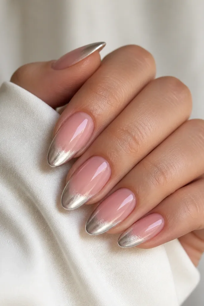 Almond nails with a nude pink base. The ombre starts in a soft half-moon shape around where the free edge begins and fades into silver chrome at the tips, creating a subtle arc effect.