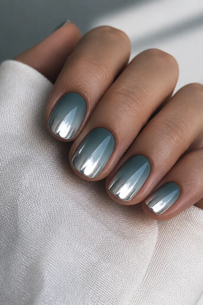 Short squoval nails with a teal smoke ombre that fades into bright ice chrome at the tips. The teal is muted, and the chrome is mirror-like with cool reflections.