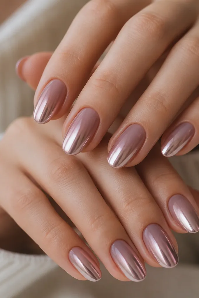 Medium oval nails with dusty mauve ombre that fades into rose-silver chrome at the tips. The chrome reflects a mix of pink and silver, giving a soft metallic glow.