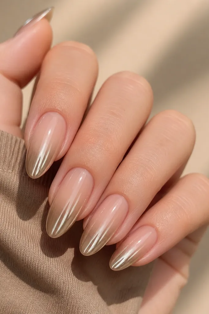 Short squoval nails with a champagne nude base. Only a narrow band near the tips is mirror chrome, creating a micro ombre fade that starts just above the free edge.