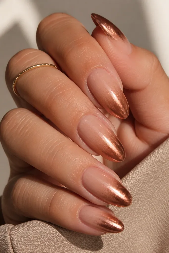 Almond nails with a gold nude ombre fading into copper chrome at the tips. The chrome shows warm copper reflections and a distinct gradient from nude to metal.