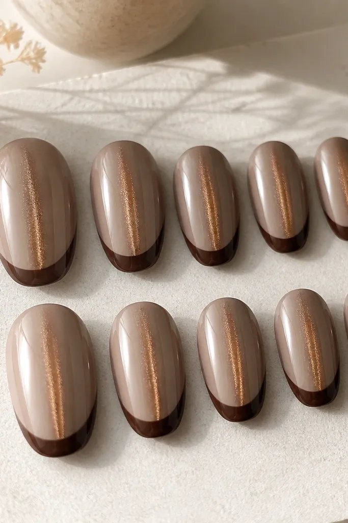 Set of removable nails showing milky taupe full nails with a thin espresso-brown French tip. A vertical cat-eye beam runs down the center, glowing like a dark caramel line. Glossy finish, clean smile line.
