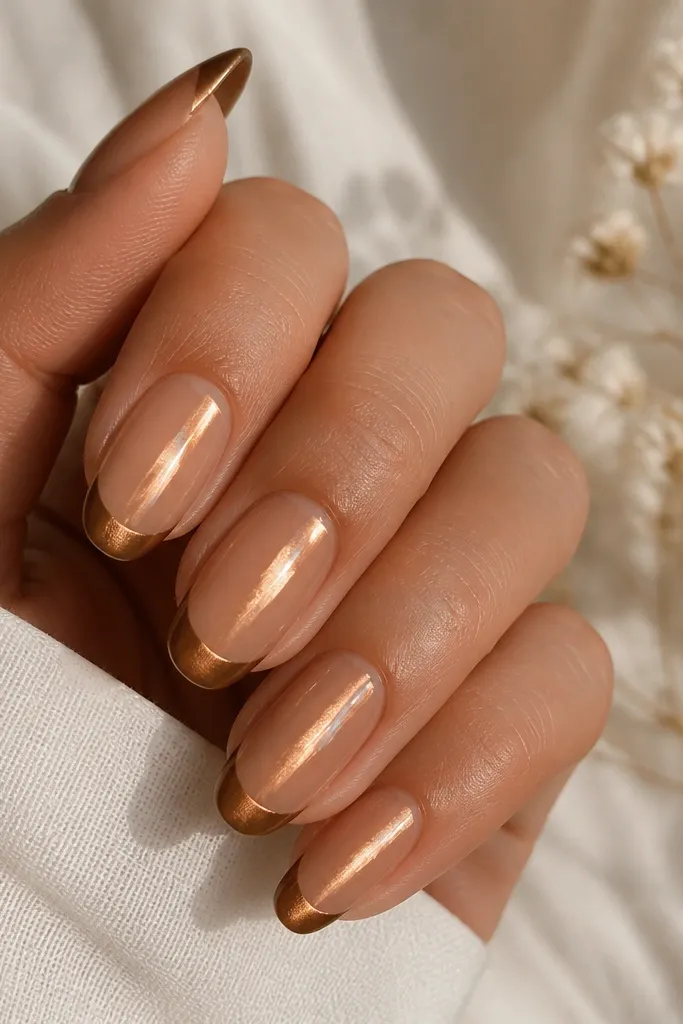 Removable nails with a caramel-brown cat-eye beam across glossy nude. French tips are metallic caramel-chrome with a slightly rounded shape. The center beam looks brighter and more mirror-like.