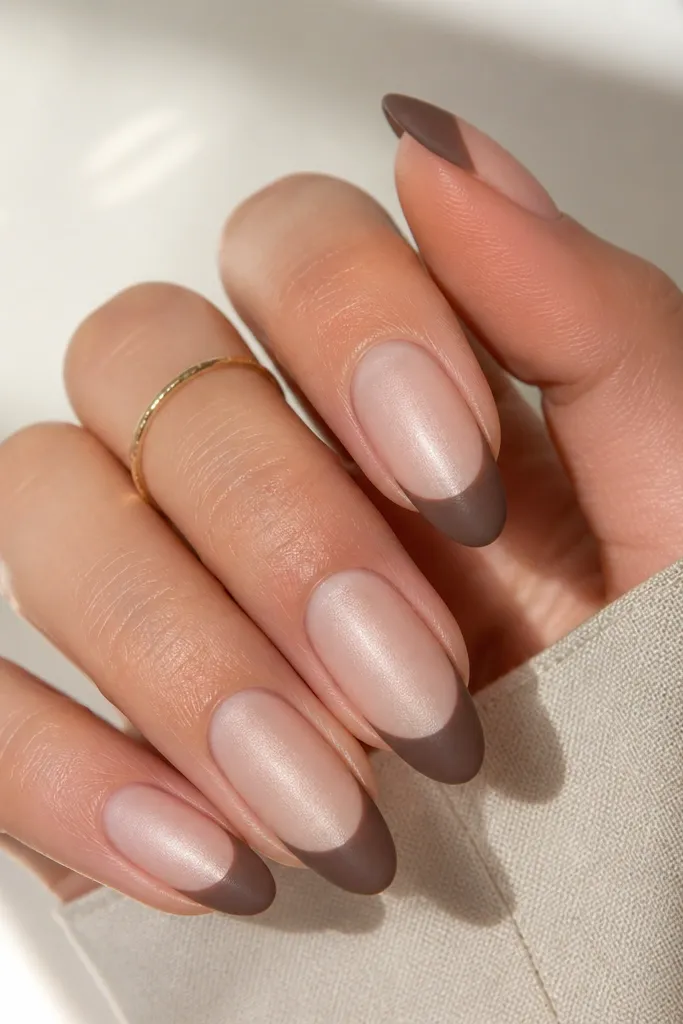 Matte nude nails with a mocha-brown French tip. The cat-eye beam is visible but softer, like a brushed light streak down the center. The tips have a velvety matte look with clean edges.
