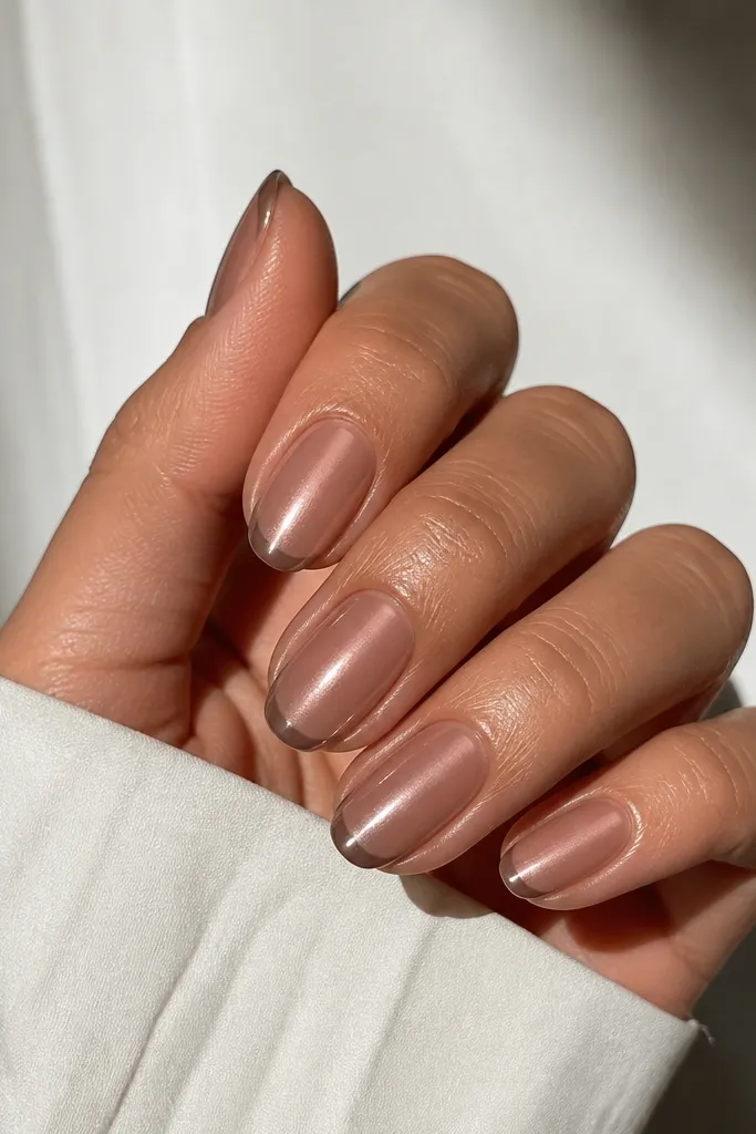 Short-to-medium nails with a very thin chocolate-brown micro French tip. A narrow cat-eye beam runs straight down the center. Base is a sheer nude-brown with glossy finish.