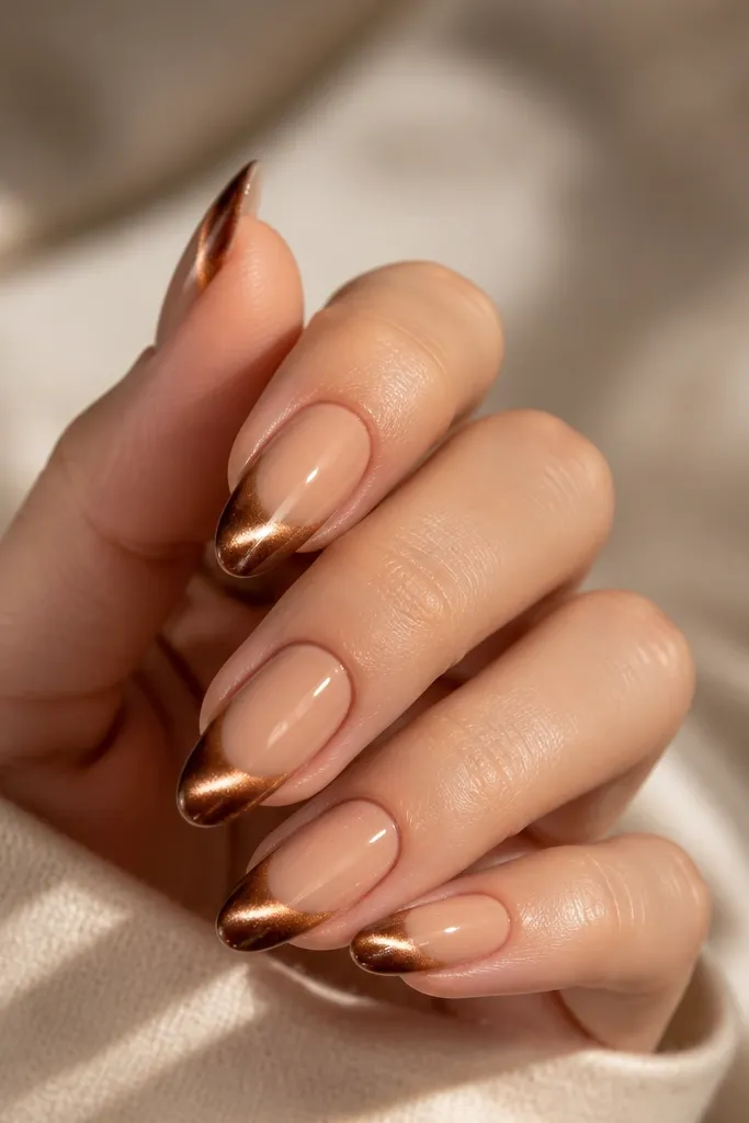 Warm nude nails with a deep mahogany-brown French tip. The cat-eye beam looks more red-brown than caramel, running vertically through the center. High gloss, crisp French smile line.