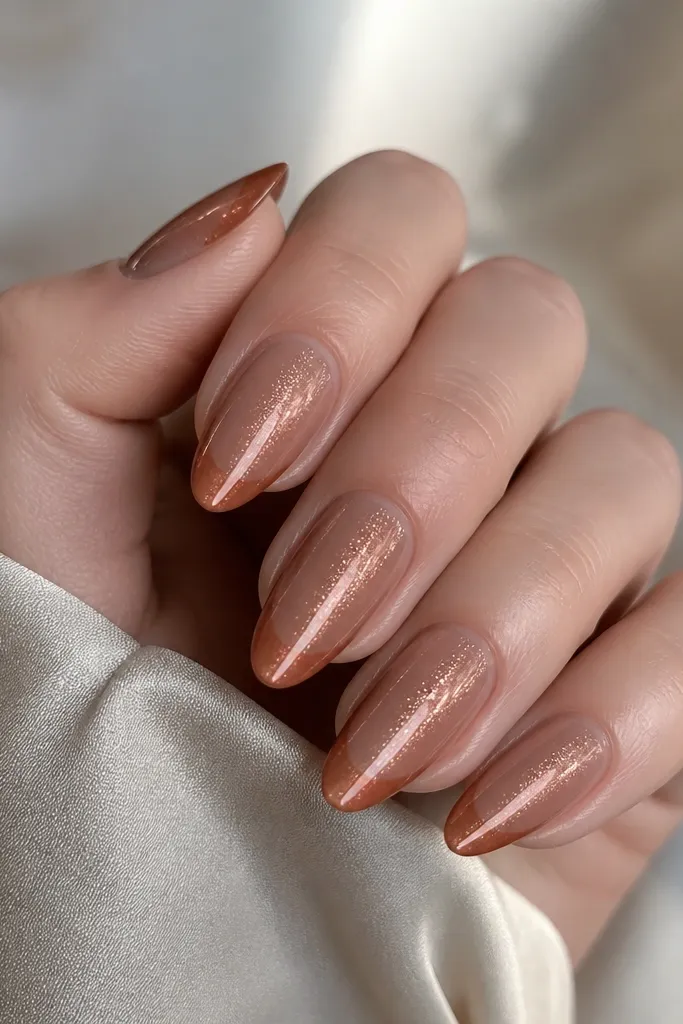 Nails with a sheer nude-brown base and rust-brown French tips. A fine gold sparkle sits inside the cat-eye beam line, creating a glittery vertical highlight. Glossy, evenly distributed sparkle.