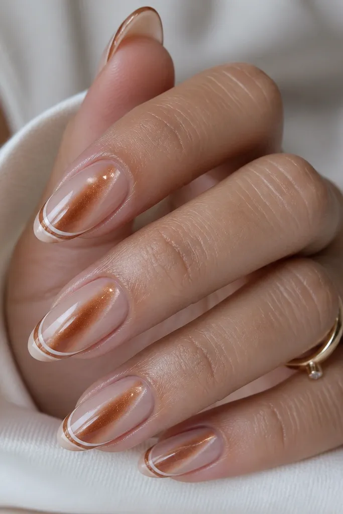 Nails with a glossy nude base and caramel-brown cat eye beam that sits slightly off-center toward one side. French tips have a thin swirl line in caramel-brown. Clean, curved tip edges.