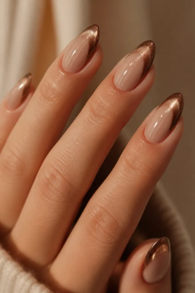 Dark cocoa-brown nails at the tips with a pearly cat-eye glow running down the center. Base is sheer nude-brown, and the cat-eye beam looks pearlescent rather than metallic. Glossy finish with soft shimmer.